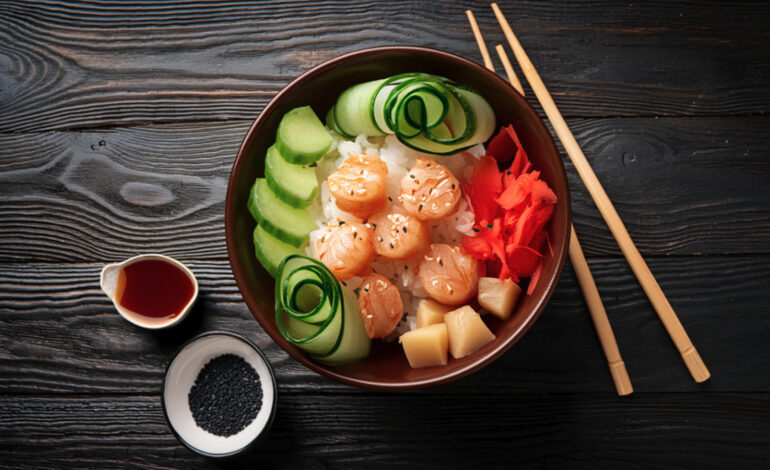 Spicy Scallop Poke Bowl with pickled ginger